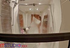 peeking at chubby neighbor flashing wet pussy in steamy shower