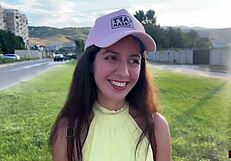 public agent picks up cute skinny brunette teen babe, bends her over in forest for creampie fuck