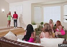 Black pizza guy shows up and milfs reverse gangbang him hard at bachelorette party