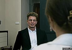 lesbian accountant tries first blowjob then tight pussy spooning sex at work