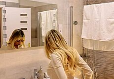 Big tits girl reveals tight shaved pussy in pantyhose casting