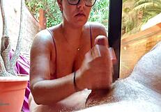 stepson flashes big cock from terrace i flash hard nipples no bra