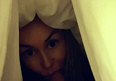 pretty skinny long-haired blonde amateur with natural tits gives quick morning blowjob and swallows