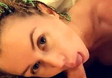 pretty skinny long-haired blonde amateur with natural tits gives quick morning blowjob and swallows