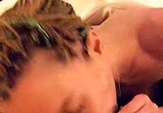 pretty skinny long-haired blonde amateur with natural tits gives quick morning blowjob and swallows