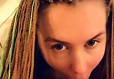 pretty skinny long-haired blonde amateur with natural tits gives quick morning blowjob and swallows