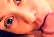 pretty skinny long-haired blonde amateur with natural tits gives quick morning blowjob and swallows