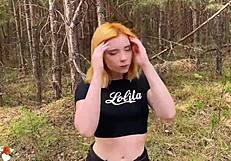 sexy redhead babe deepthroats monster cock doggystyle forest creampie