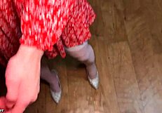 skinny young wife in lingerie fingers pussy dirty talking to old cuckold husband on bed