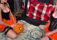 Skinny Shaved Halloween Teens in Bisexual FFM Threesome Lick Pussy and Ride Cowgirl Costumes Off