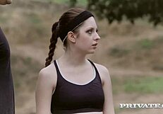 pale gym babe rebecca volpetti milks two monster cocks with her mouth and shaved pussy outdoors