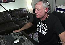 two busty blondes convinced old radio host for threesome blowjob and doggystyle play during their record session