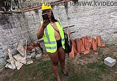 inspector dreams of builders pounding her hairy outdoor pussy