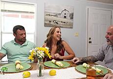 Stepmom strokes and sucks stepson's monster cock while stepdad chats on work call