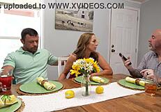 Stepmom strokes and sucks stepson's monster cock while stepdad chats on work call