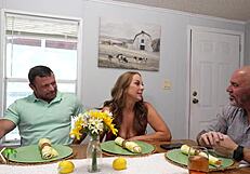 Stepmom strokes and sucks stepson's monster cock while stepdad chats on work call