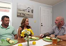 Stepmom strokes and sucks stepson's monster cock while stepdad chats on work call