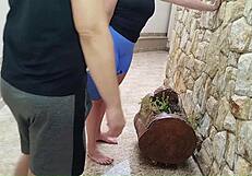 damn that stepmom watering flowers in gym shorts when stepson grinds his dick on her fat ass