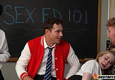 Blonde milf teacher yells take my pussy students fuck me hard in uniforms!