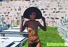Slut Majick's hairy pussy flashes topless in public cemetery slow motion?