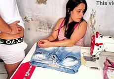 damn this cheating seamstress tries on clothes then bangs client hard!