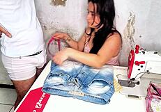 damn this cheating seamstress tries on clothes then bangs client hard!