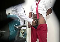 lady doctor examines schoolboys throbbing cock closely