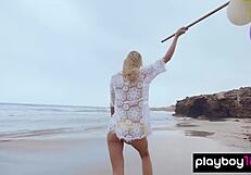 Skinny Italian Milf Blondie Farncy Torino Strips Beach Balloons Off for Pussy Tease