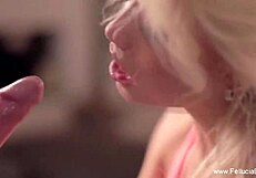 Elegance and grace in cfnm as brunette gives expert blowjob swallow