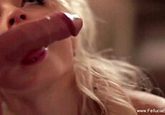 Elegance and grace in cfnm as brunette gives expert blowjob swallow