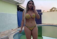 hot boss pays tiny pool boy with tight pussy creampie and cum swap