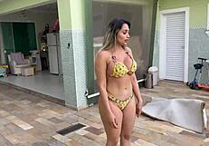 hot boss pays tiny pool boy with tight pussy creampie and cum swap