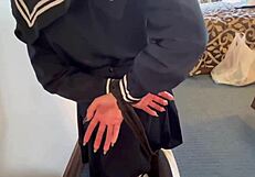 punished fuck doll deepthroats cock to facial cumshot in garage