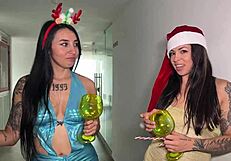 Fucking best friend Christmas anal plug cum facial home