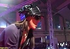 can you believe these flexible babes in fishnets ripping clothes for extreme public strapon pounding on stage?