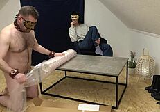 A Beautiful CFNM Femdom Slave in Cage with Tattoo Cock