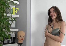 SKINNY BRUNETTE SLUT RIDES cock in CASTING DOGGYSTYLE HANDJOB creampie