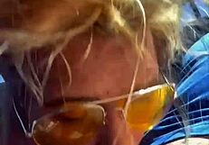 cheating blonde whore deepthroats cock and takes facial in public daylight