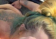 cheating blonde whore deepthroats cock and takes facial in public daylight