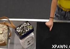 Intense passion surges as babe seduces with wet pussy sucking hardcore cock in shop