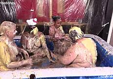 four hot women get messy licking pussies eating food in lesbian orgy