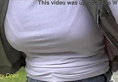 wifey dares braless bike ride flashing huge milf tits tight shirt public