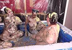 four hot women get messy licking pussies eating food in lesbian orgy