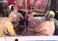 four hot women get messy licking pussies eating food in lesbian orgy