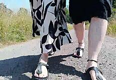 German Mature Barefoot in Birkenstocks for Outdoor Feet Fetish