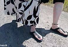 German Mature Barefoot in Birkenstocks for Outdoor Feet Fetish