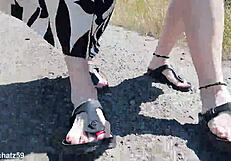German Mature Barefoot in Birkenstocks for Outdoor Feet Fetish