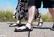 German Mature Barefoot in Birkenstocks for Outdoor Feet Fetish