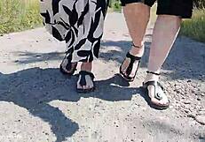 German Mature Barefoot in Birkenstocks for Outdoor Feet Fetish