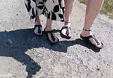 German Mature Barefoot in Birkenstocks for Outdoor Feet Fetish